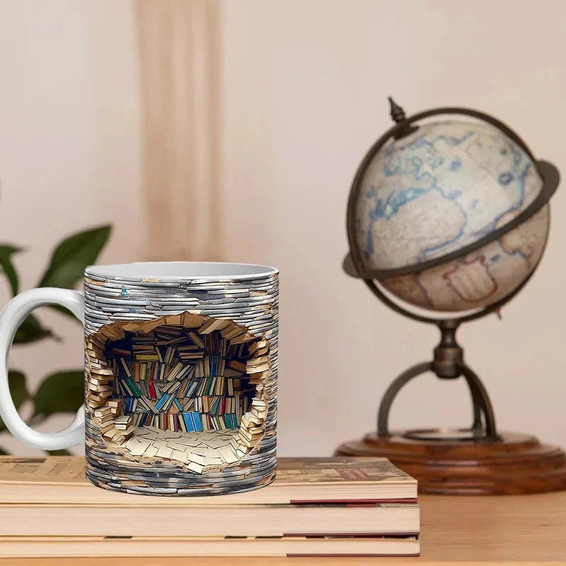 3D Library Bookshelf Mug — Coffee Mug Gift for Book Lovers