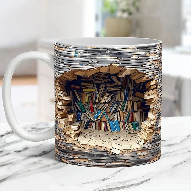 3D Library Bookshelf Mug — Coffee Mug Gift for Book Lovers