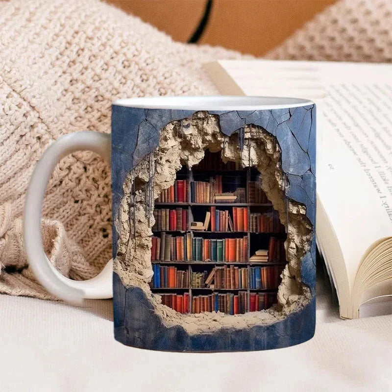 3D Library Bookshelf Mug — Coffee Mug Gift for Book Lovers