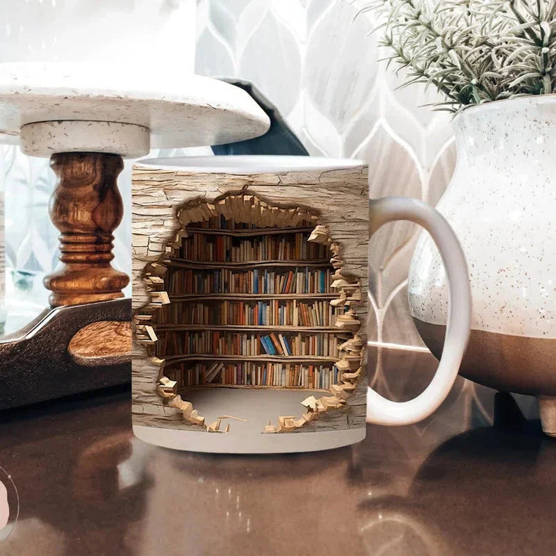 3D Library Bookshelf Mug — Coffee Mug Gift for Book Lovers