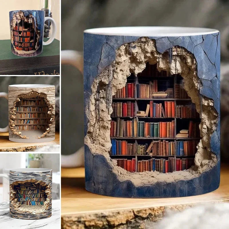 3D Library Bookshelf Mug — Coffee Mug Gift for Book Lovers