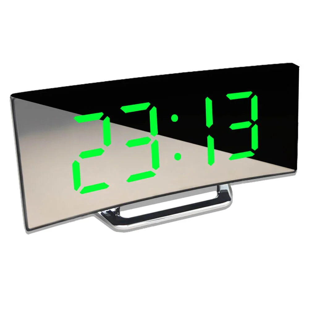Curved LED Digital Alarm Clock — Mirror Display Bedside Clock
