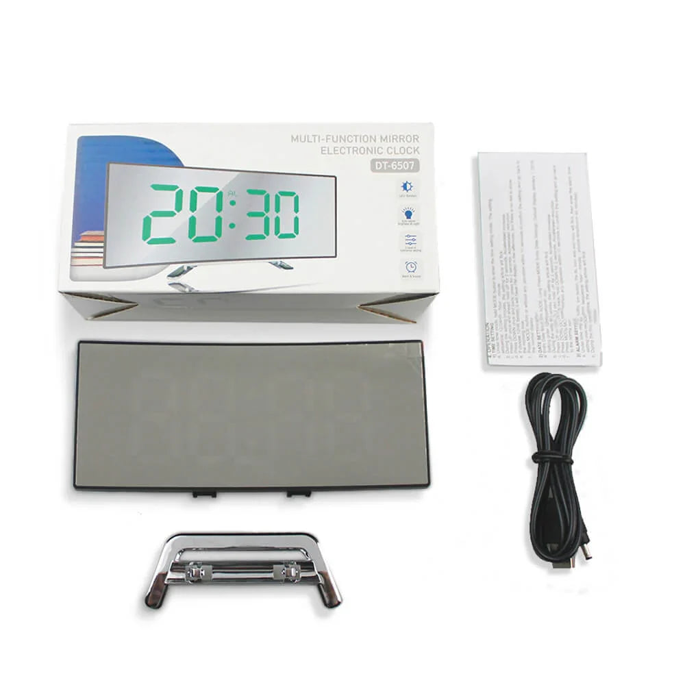 Curved LED Digital Alarm Clock — Mirror Display Bedside Clock