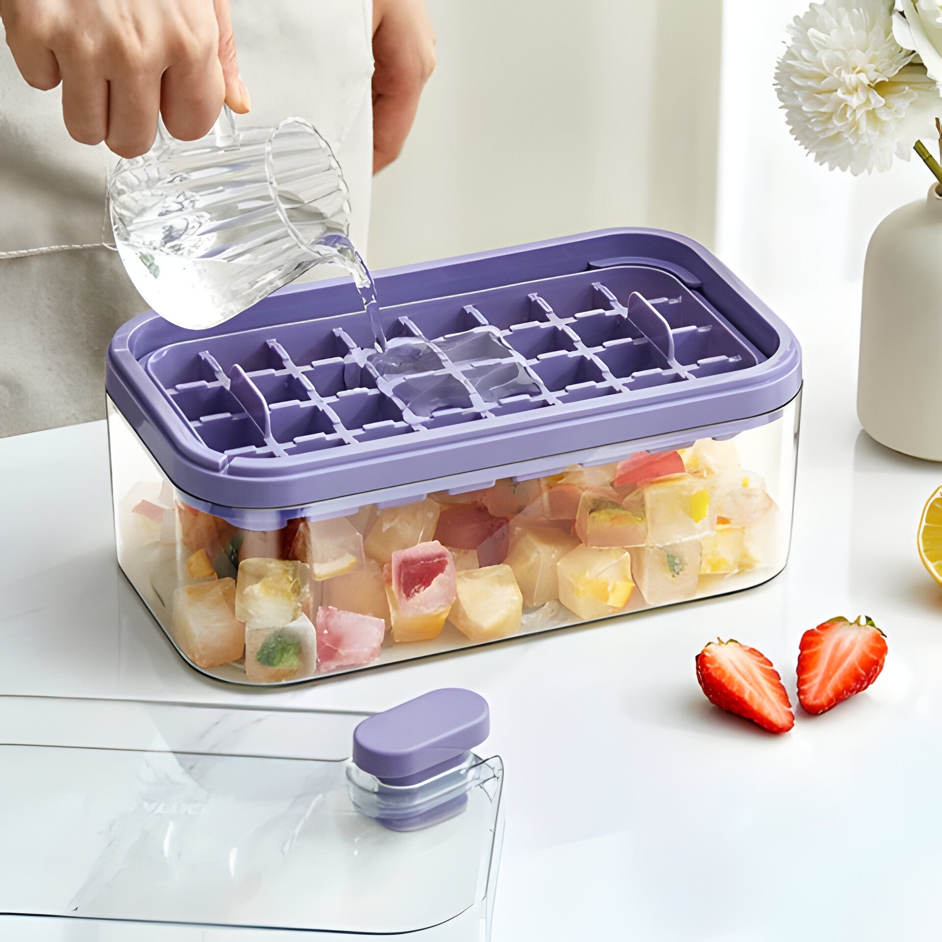 One-Click Ice Tray System — Effortless Ice with Storage Bin
