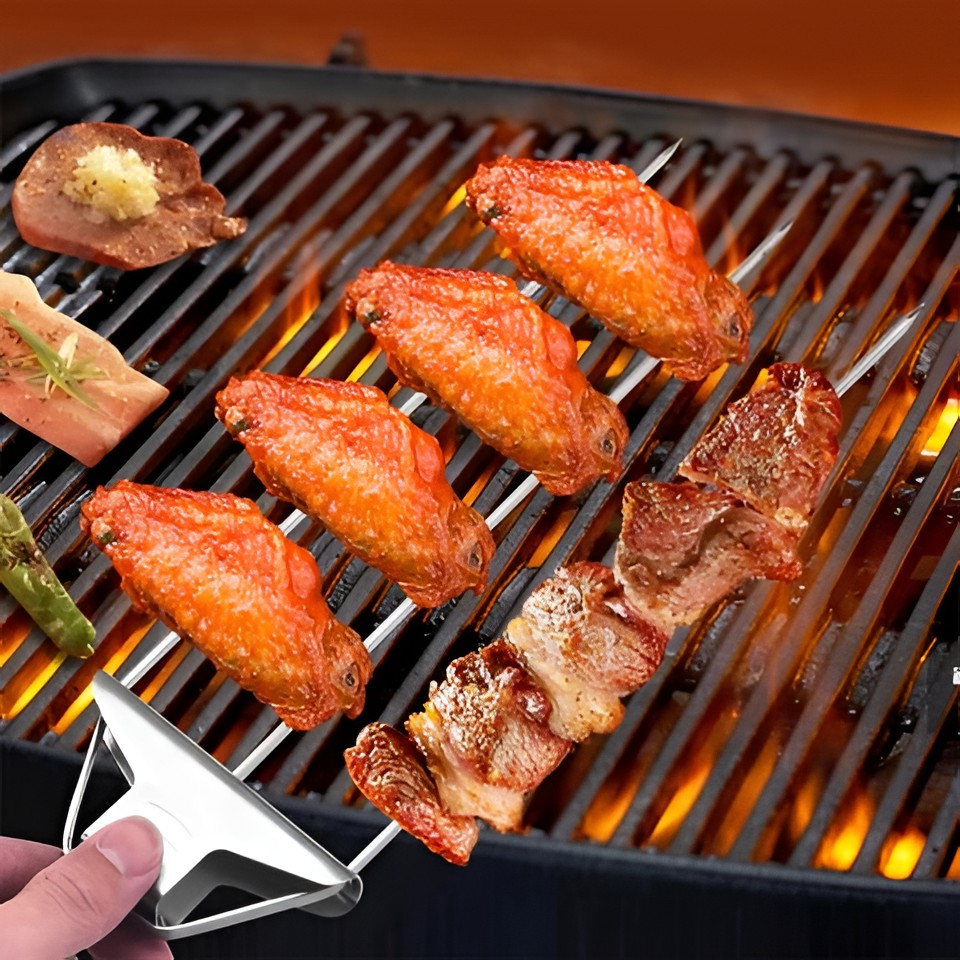 Three-Prong Grill Skewer Set — No-Spin BBQ Skewers