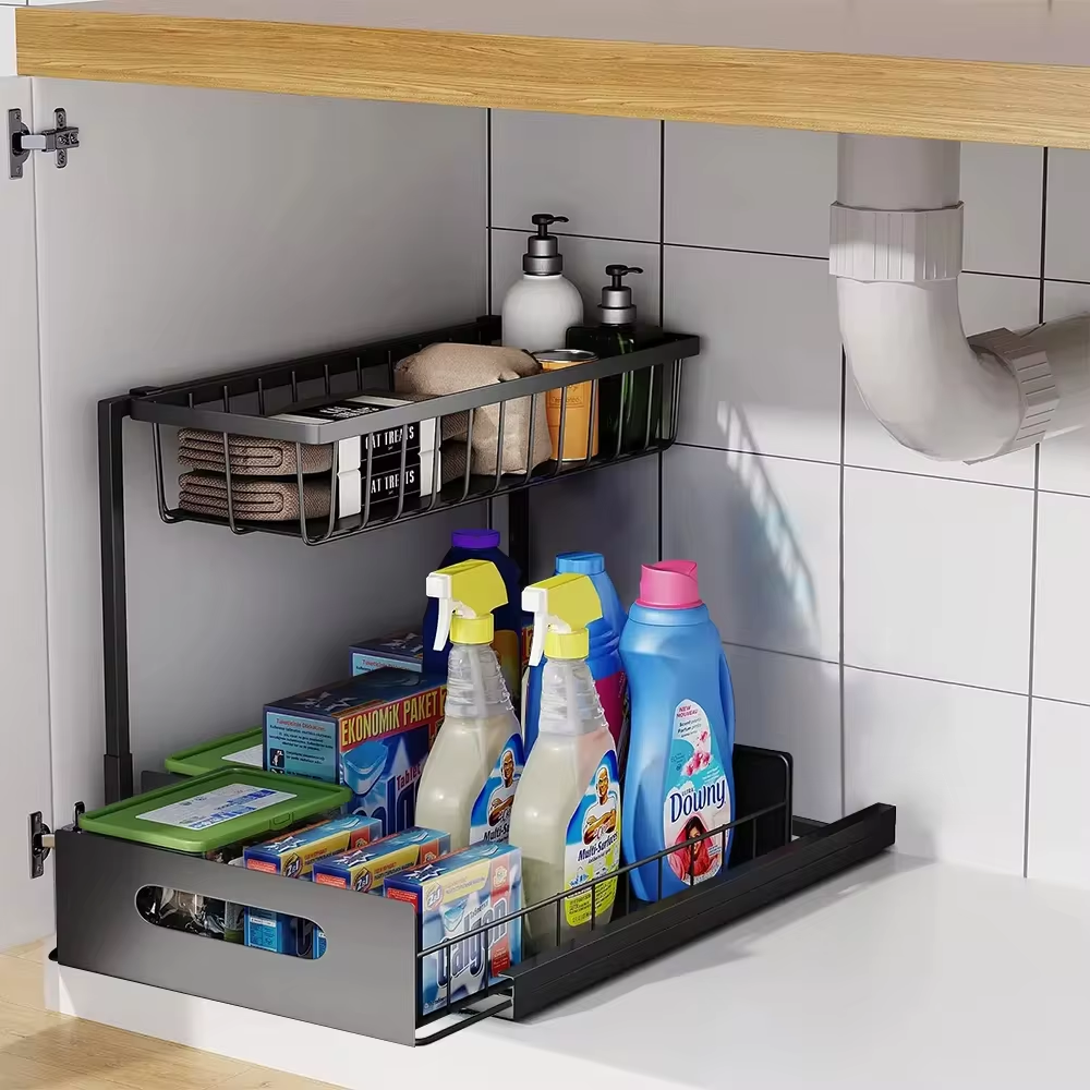 2-Tier Slide-Out Under-Sink Organizer — Fits Around Pipes